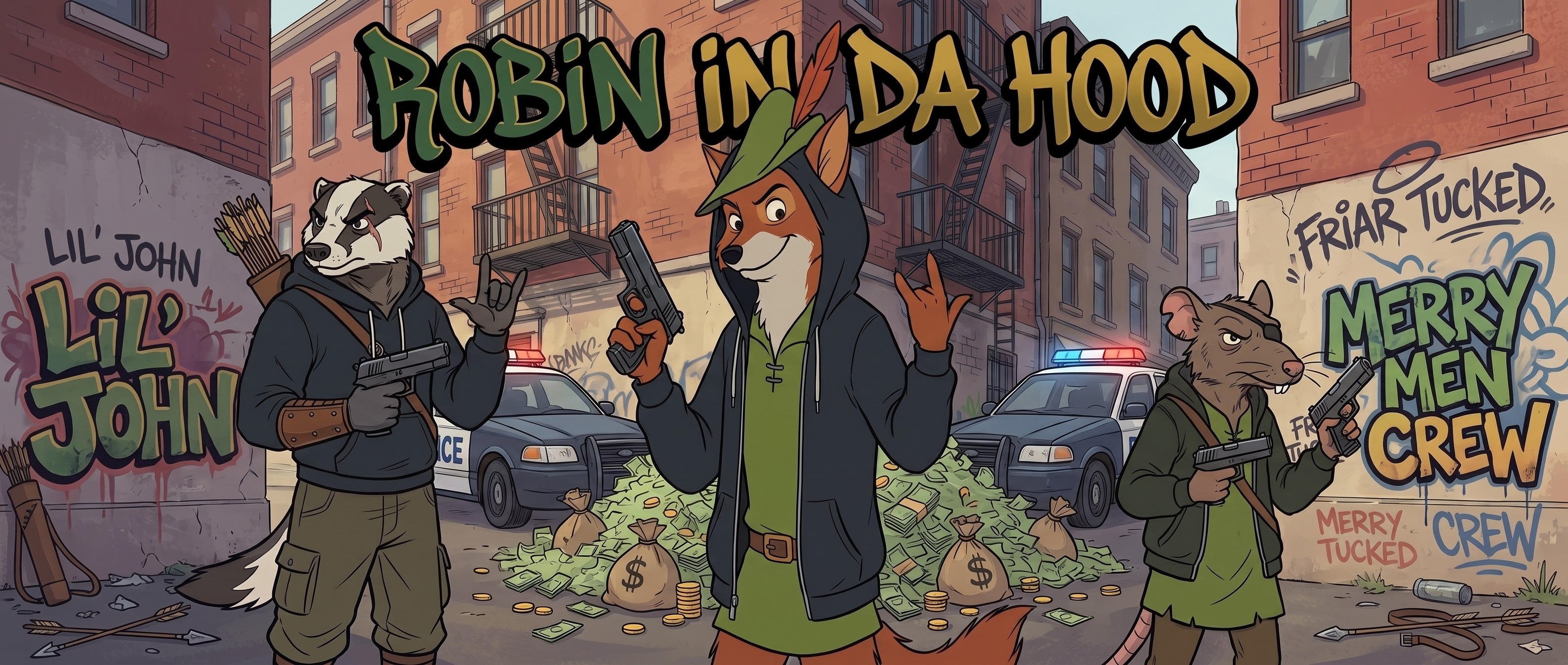 Robin In Da Hood crew in the alley with police lights, cash, Lil' John, Robin, and Friar Tucked