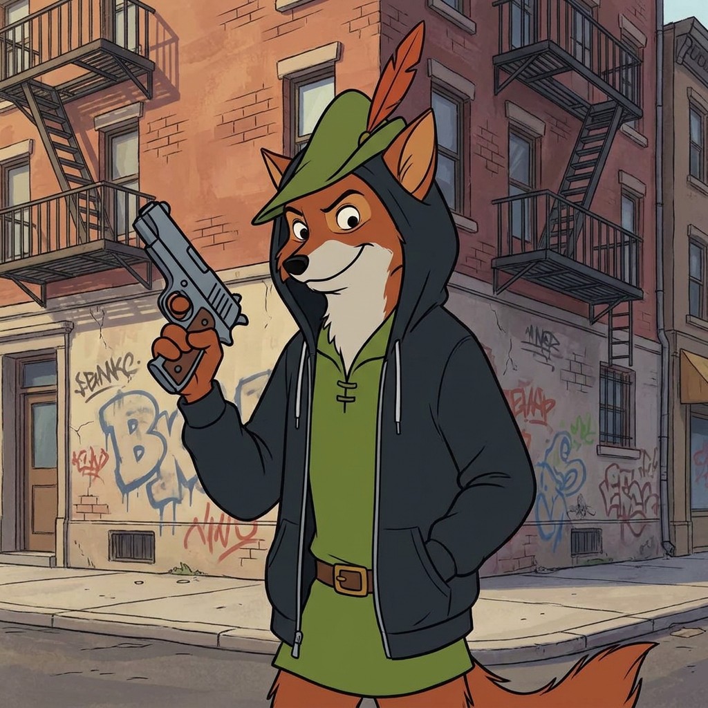 Robin In Da Hood mascot — the fox on the corner